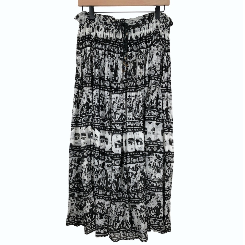 VTG 90s Just Class Maxi Skirt Sz L Broomstick Cotton India Black White Boho